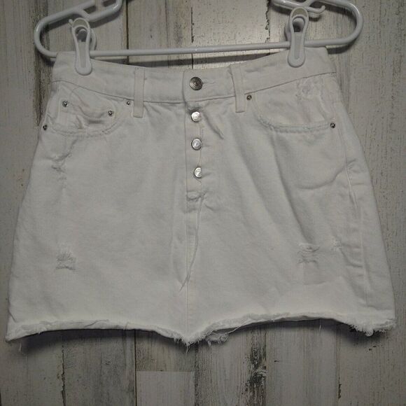 Zara Women Size S White Stiff Denim Distressed Mini Skirt Button Fly - Picture 1 of 7